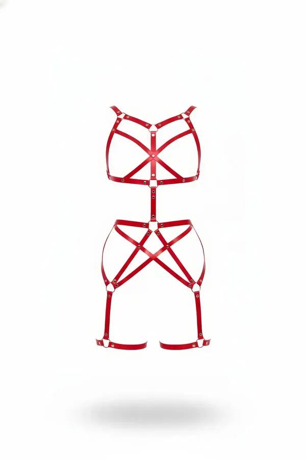 red faux leather strappy full body harness with o-ring hardware cross-strap chest and thigh bands