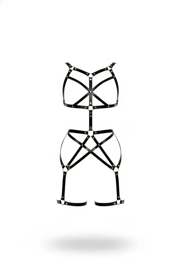 black faux leather full body harness with crossed chest straps silver O-rings hip cage and thigh cuffs