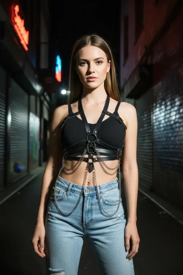 black faux leather body harness with cascading silver chains and central O-ring worn over bare skin
