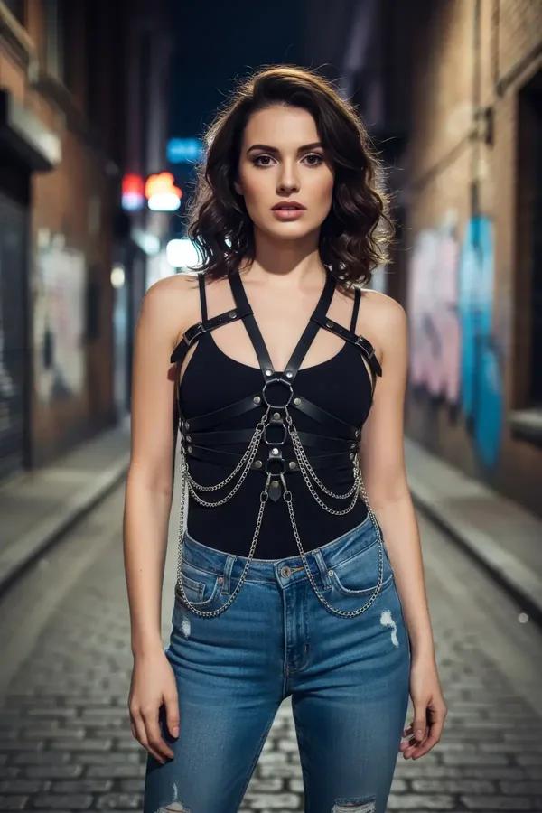 black faux leather body harness with cascading silver chains and central O-ring worn over bare skin