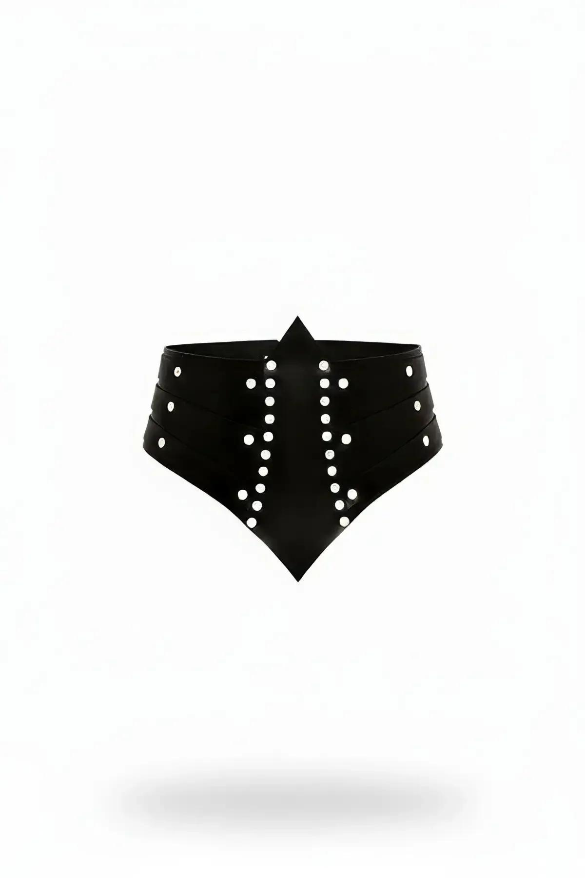 black faux leather waist cincher with pointed apron panels and vertical silver dome studs front view