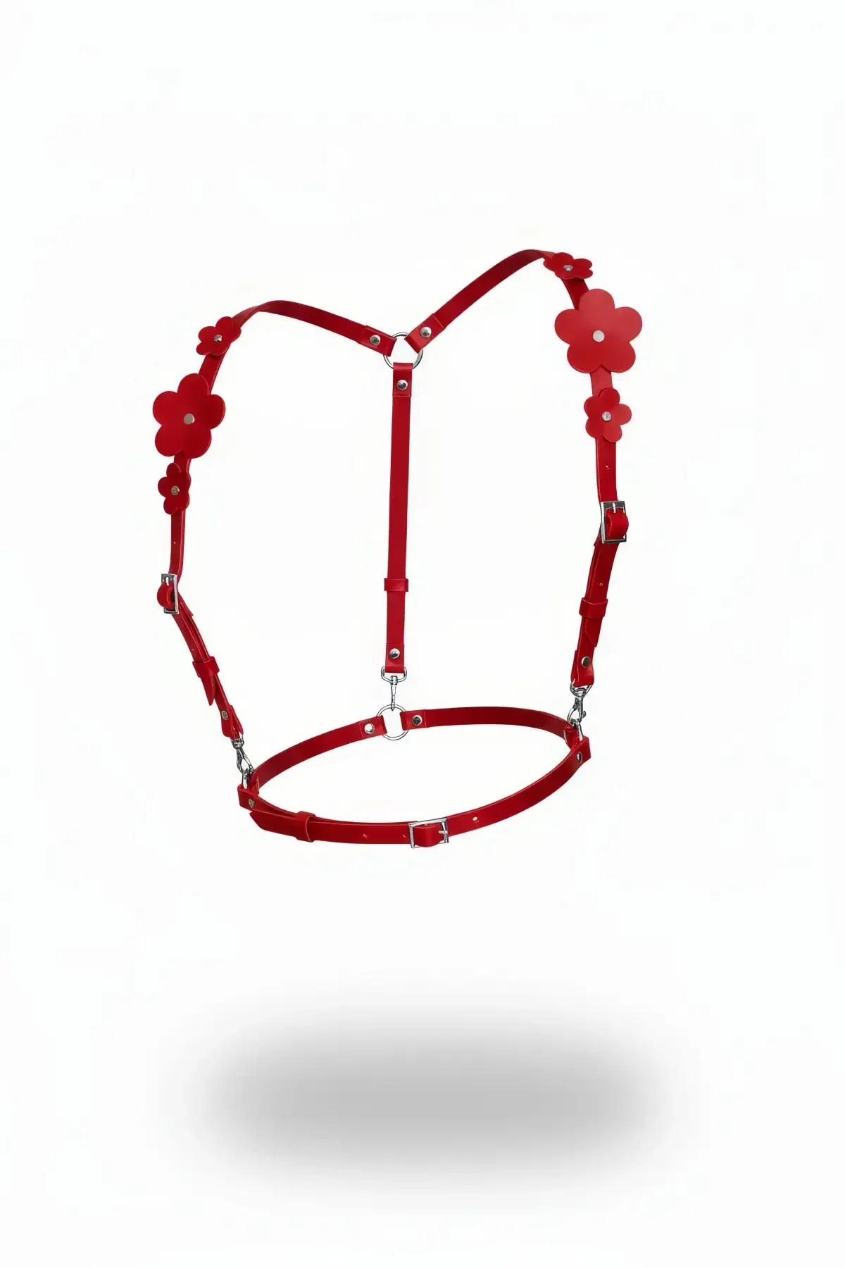 red floral faux leather body harness with five daisy appliques and silver D-rings, front view