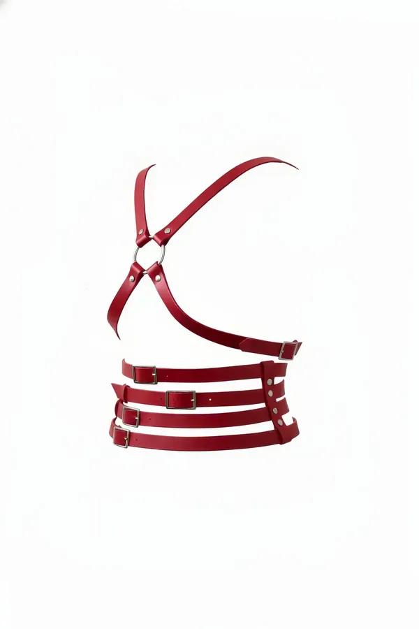 red faux leather o-ring chest harness with three stacked waist buckle bands silver hardware side view