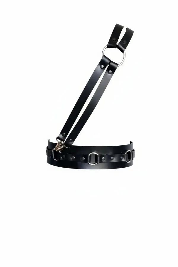 black faux leather O-ring waist belt with detachable silver suspender straps flat product view
