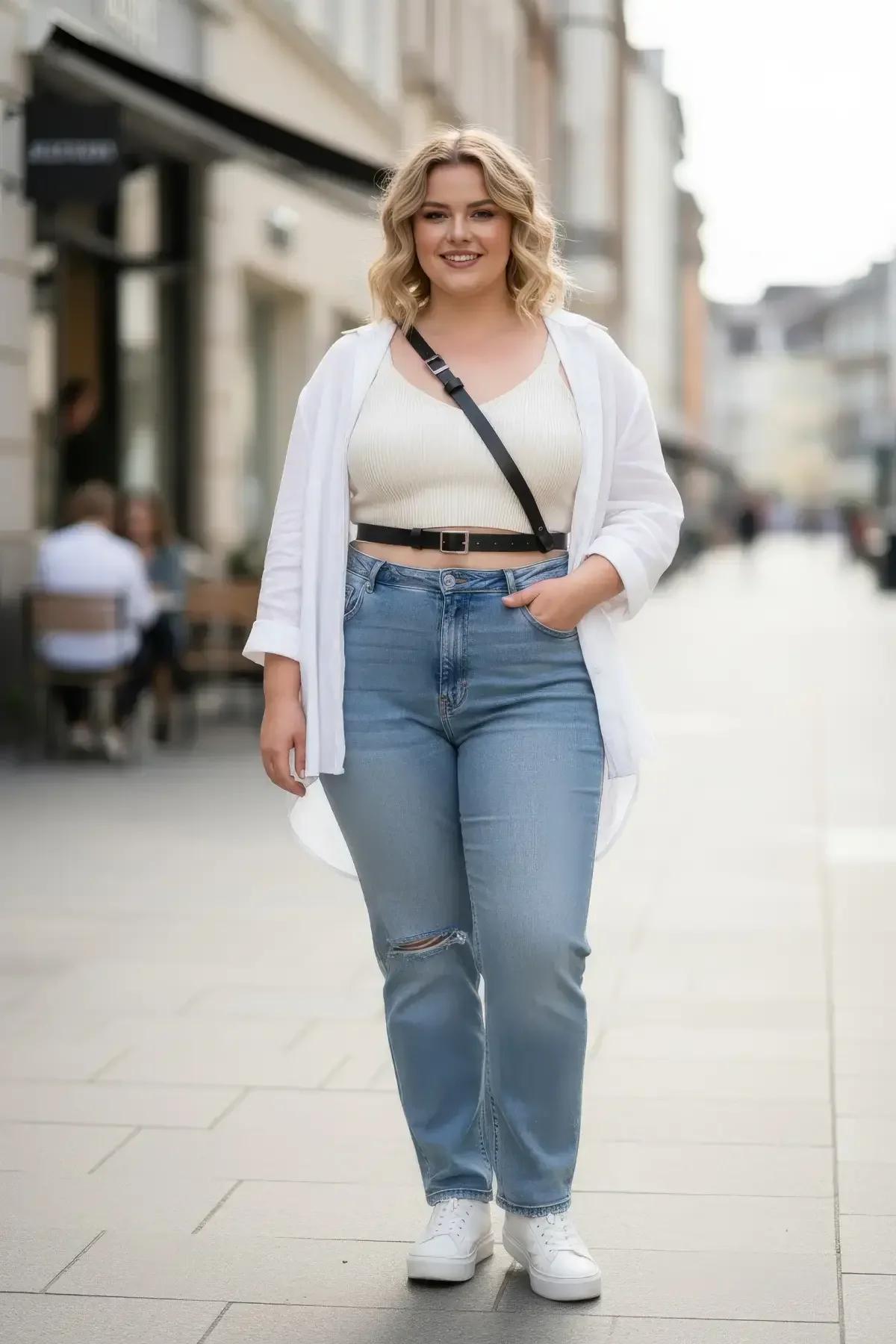 Black faux leather diagonal strap harness with wide cinch belt worn over cream tank and blue jeans street style