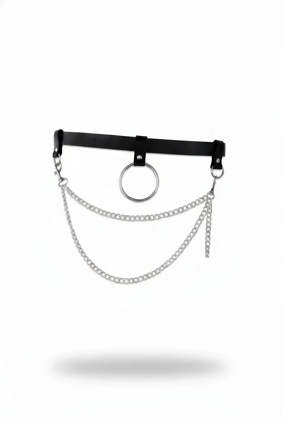 black faux leather waist belt with centered silver O-ring and two layered draped silver curb-link chains