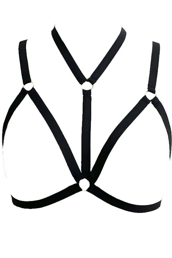 beyaz elastik lastik göğüs harness metal O-ring toka çapraz bantlı, boyun ve dekolte uzerinde
