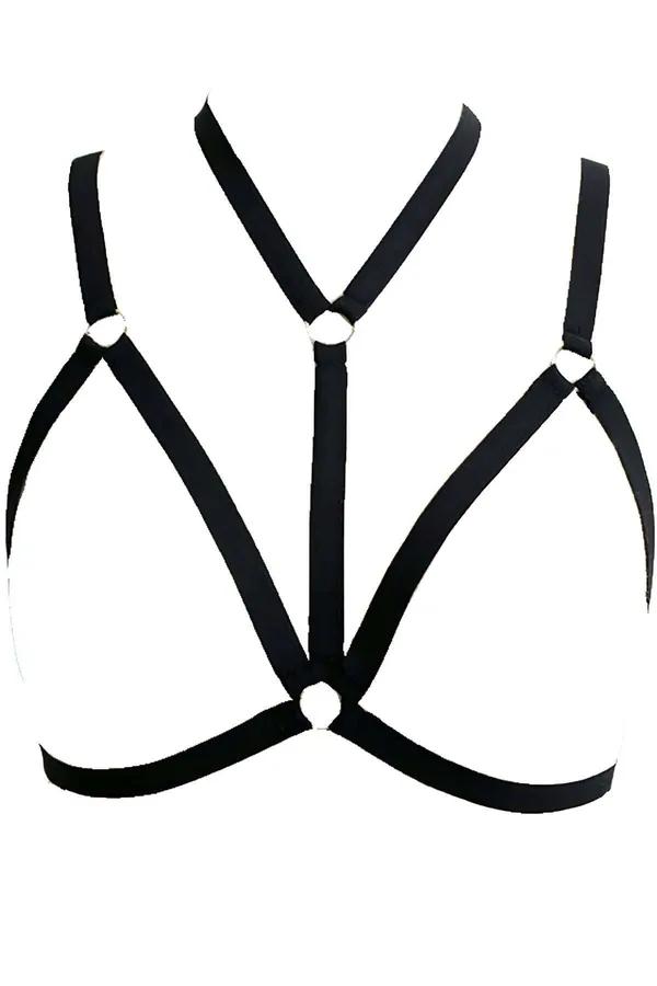siyah elastik göğüs harness gümüş O-halka choker yaka geometrik çapraz bantlar