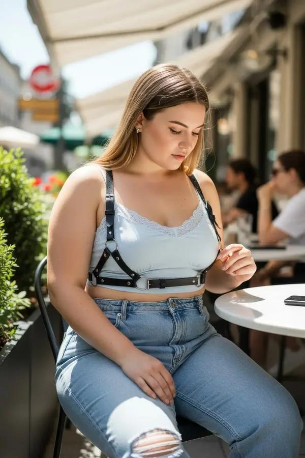 büyük beden siyah vegan deri harness göğüs kafes tasarımı beyaz crop top üzeri kombin