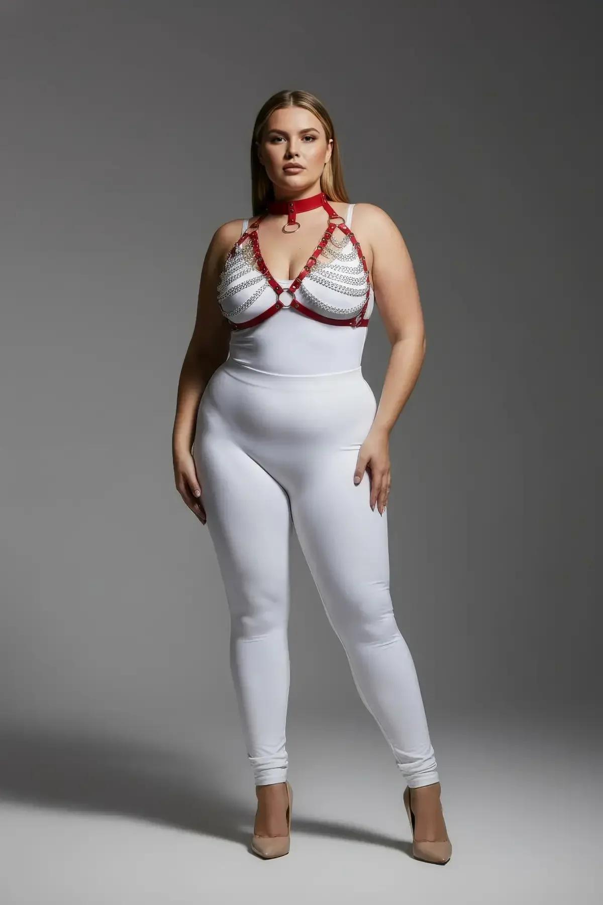 kırmızı vegan deri göğüs harness altın zincir detaylı choker yaka takım büyük beden