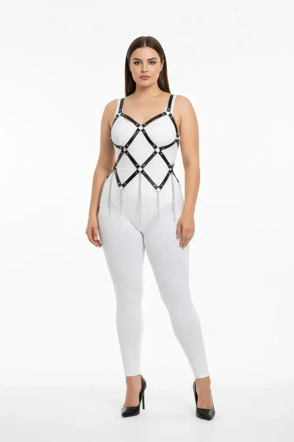 black faux leather full body harness diamond lattice with silver chain dangle worn over white catsuit