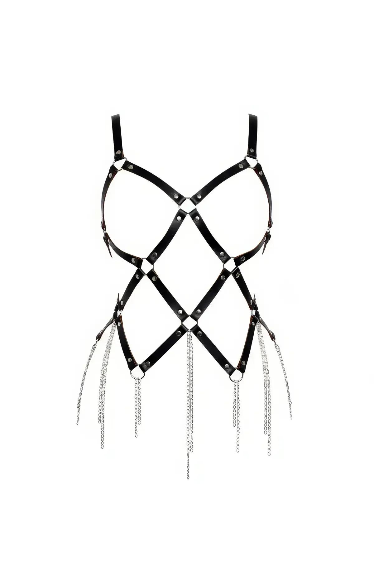 Siyah vegan deri body harness elmas çapraz bantlar ve gümüş zincir saçaklı gövde aksesuarı