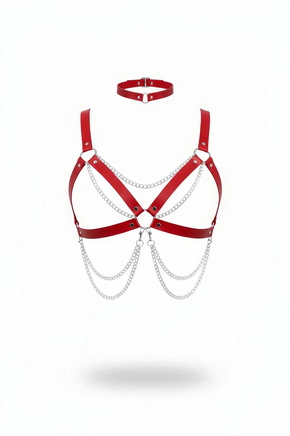 kırmızı vegan deri vücut harness gümüş zincirli ve choker set çapraz bant kadın aksesuar