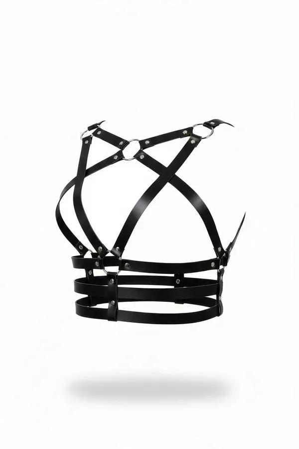 Black faux leather caged chest harness with X-cross straps, silver O-rings at chest, and triple underbust bands