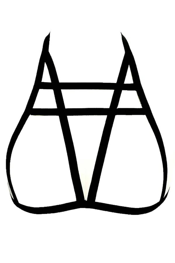 Siyah elastik lastik bantlı geometrik göğüs harness ekose gömlek üzerinde çapraz bant detayı