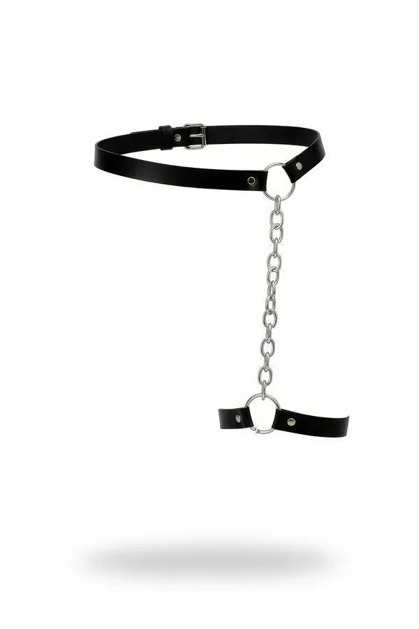 black faux leather leg harness with silver chain drop and O-ring belt on white background