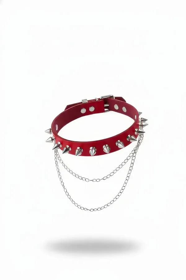 red spiked choker faux leather band with silver cone spikes and three layered draped silver chains