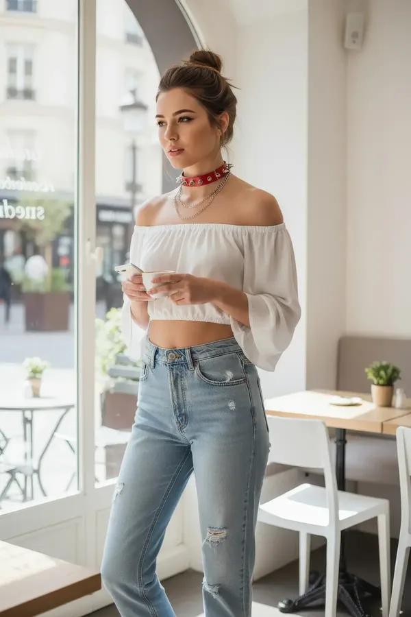 red faux leather studded choker collar with silver chain detail worn at neck against white off-shoulder top