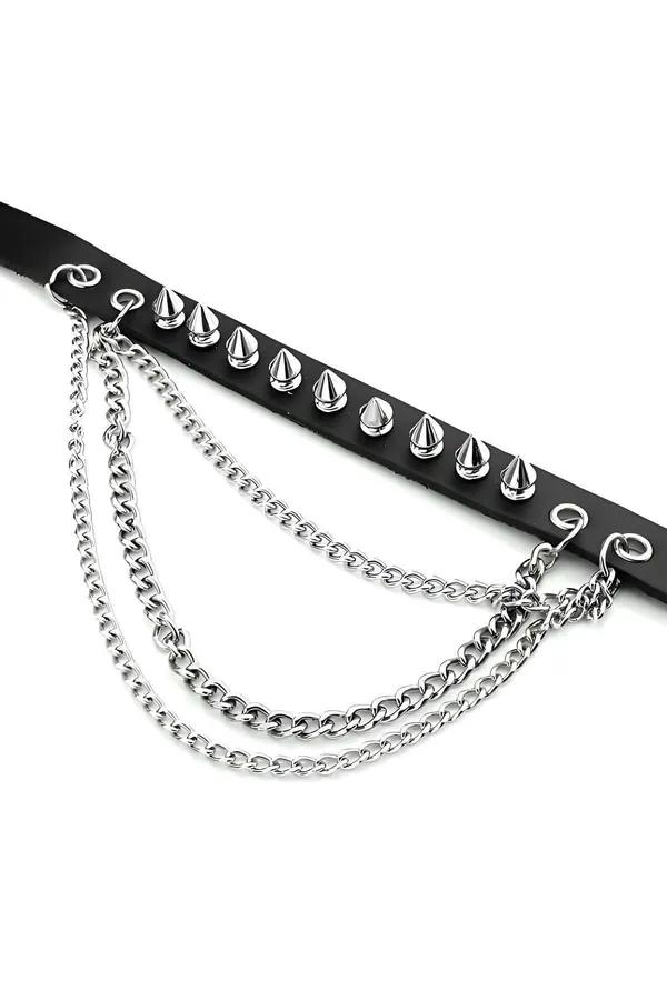 çivili siyah deri choker konik gümüş çiviler ve ince zincir kolye punk boyun aksesuarı