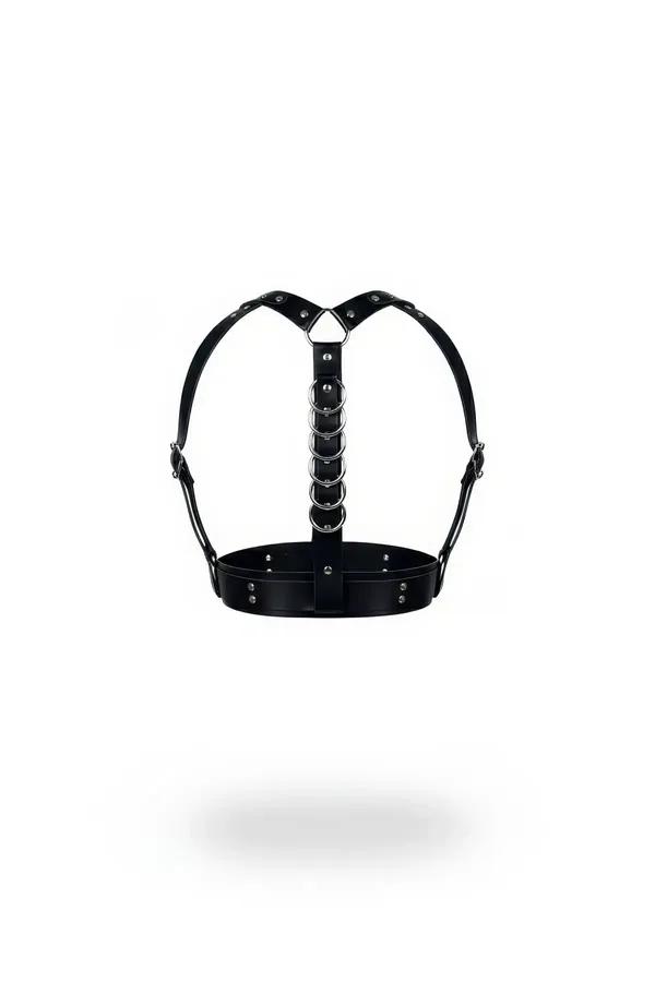 black faux leather multi o-ring chest harness with five stacked silver rings and wide underbust band front view