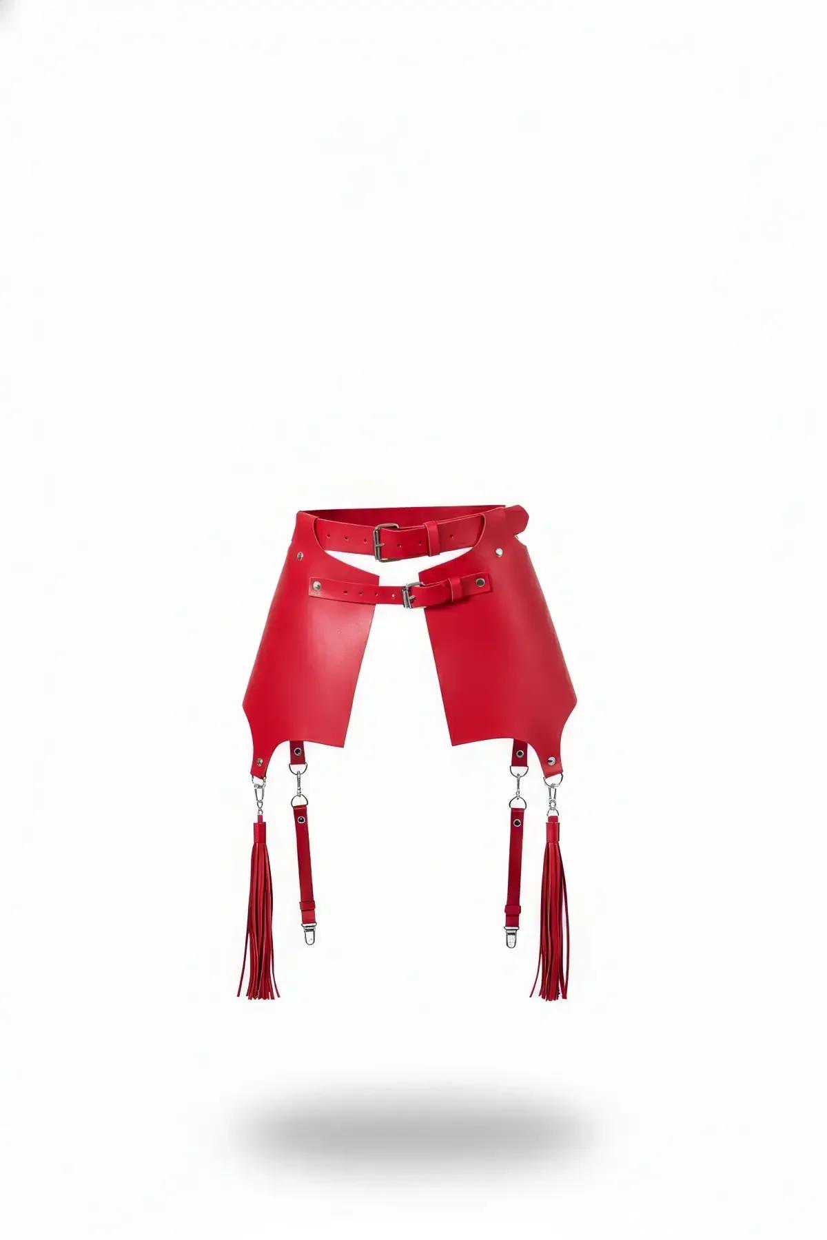 red faux leather thigh harness with wide rectangular panels and four detachable tassels on silver clip hardware