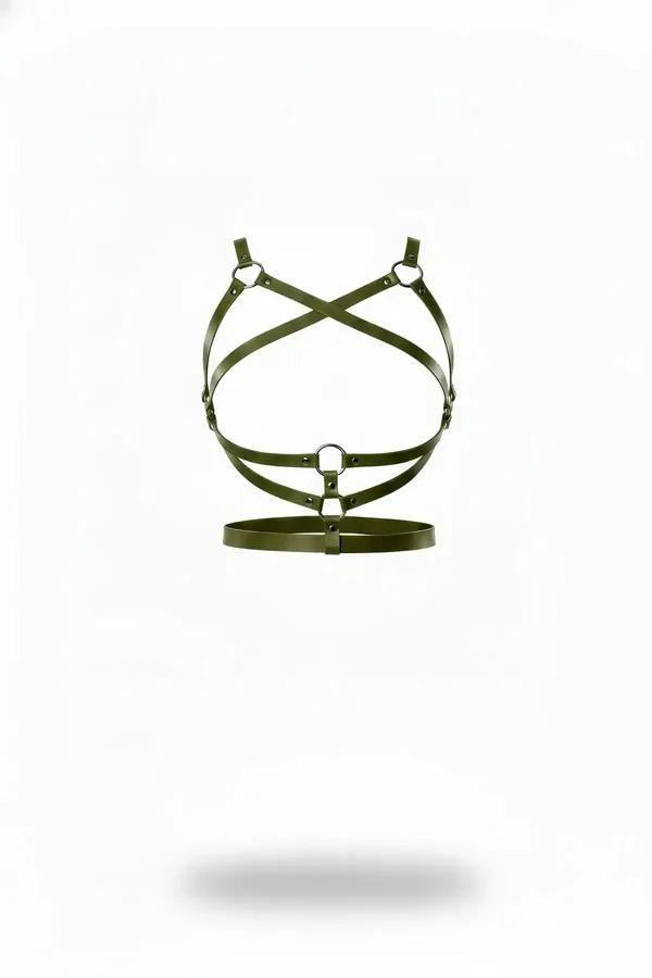 olive green vegan leather cross-strap body harness with four silver O-rings and structured waist band, matte finish