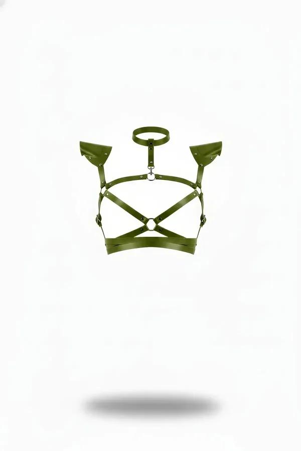 olive green faux leather structured shoulder chest harness with choker and silver O-ring front view