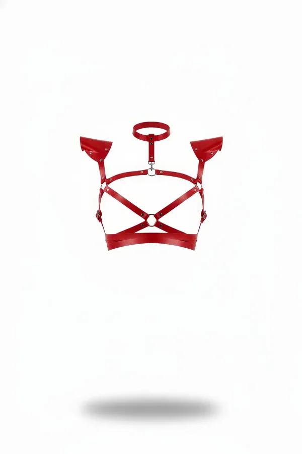 red faux leather chest harness with winged shoulders silver O-ring center and circular choker neckband