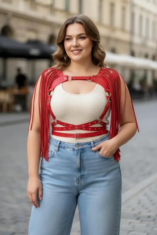 red faux leather fringe body harness with silver studded straps and O-rings worn over cream crop top