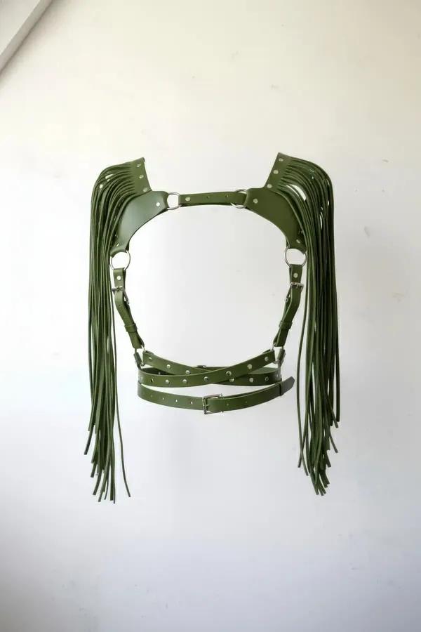 olive green faux leather fringed shoulder body harness with adjustable waist belt and silver hardware