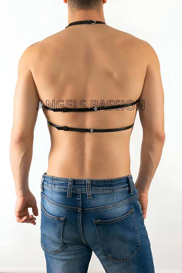 siyah suni deri erkek göğüs harness çapraz bantlı gümüş metal O-halka aksesuar