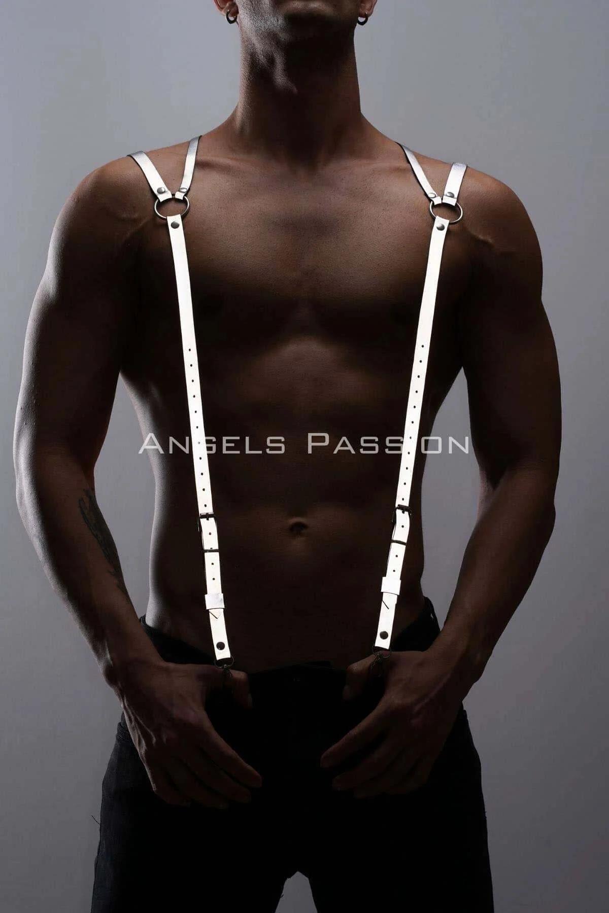 white faux leather adjustable shoulder harness silver O-ring detail worn by male model front view