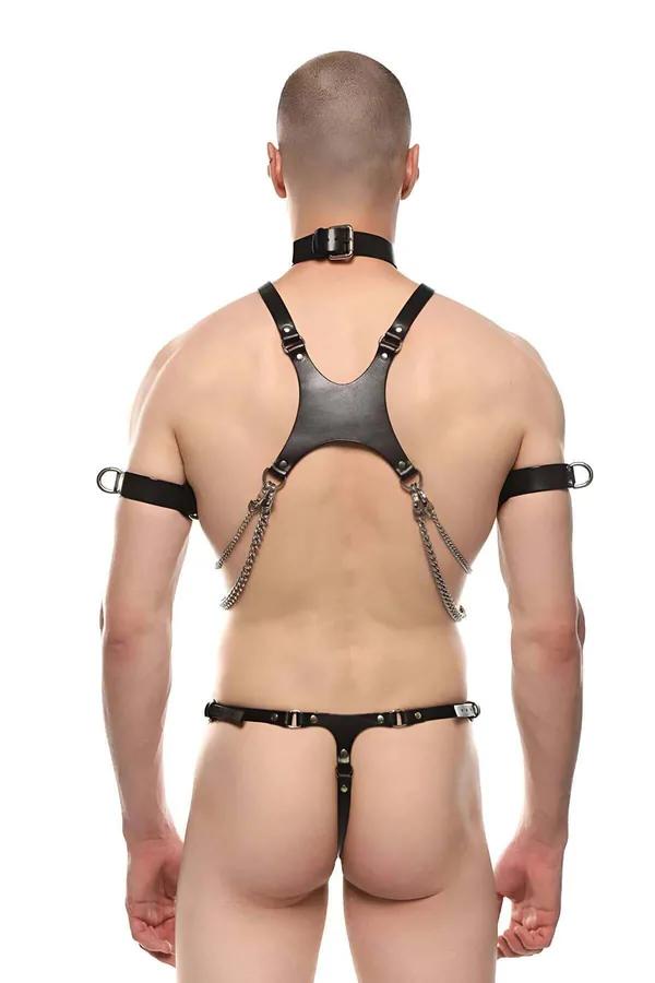 Pazu bantlı siyah vegan deri erkek harness altın zincir ve O-halka detaylı tam set