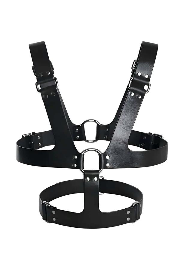 siyah vegan deri erkek harness kemer altın O-halka ve D-toka detayı gömlek üzeri aksesuar
