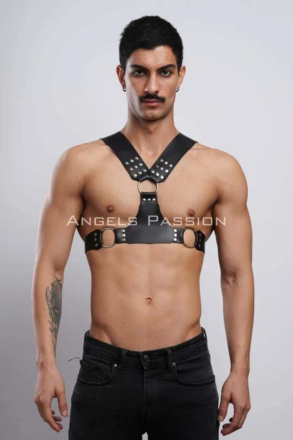 siyah vegan deri erkek göğüs harness V yaka bronz O-ring gümüş perçin clubwear aksesuar