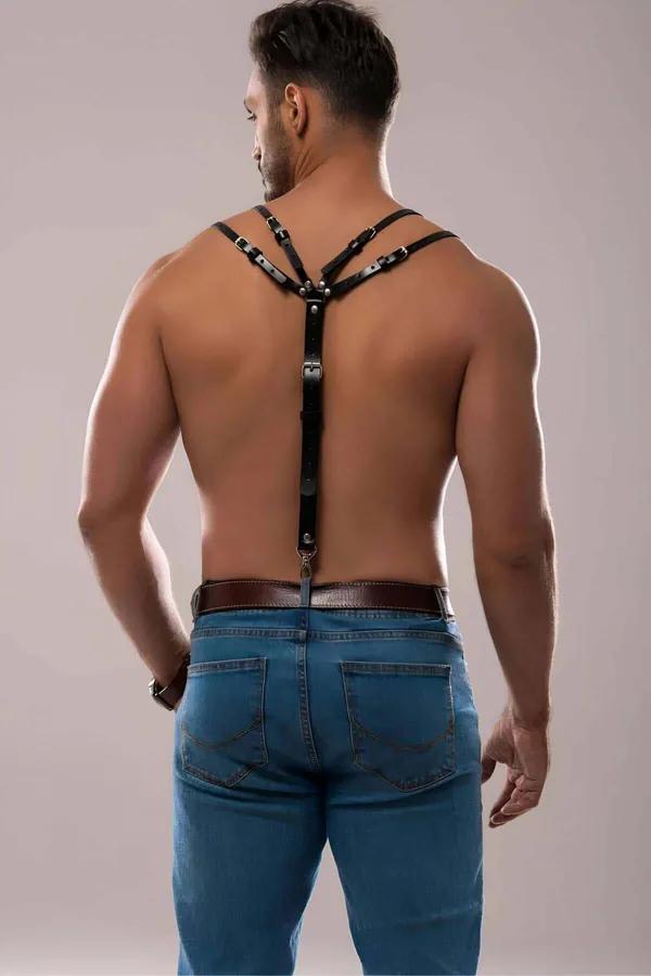 Erkek siyah vegan deri omuz harness gümüş metal toka detaylı çift askı ve göğüs O-halka