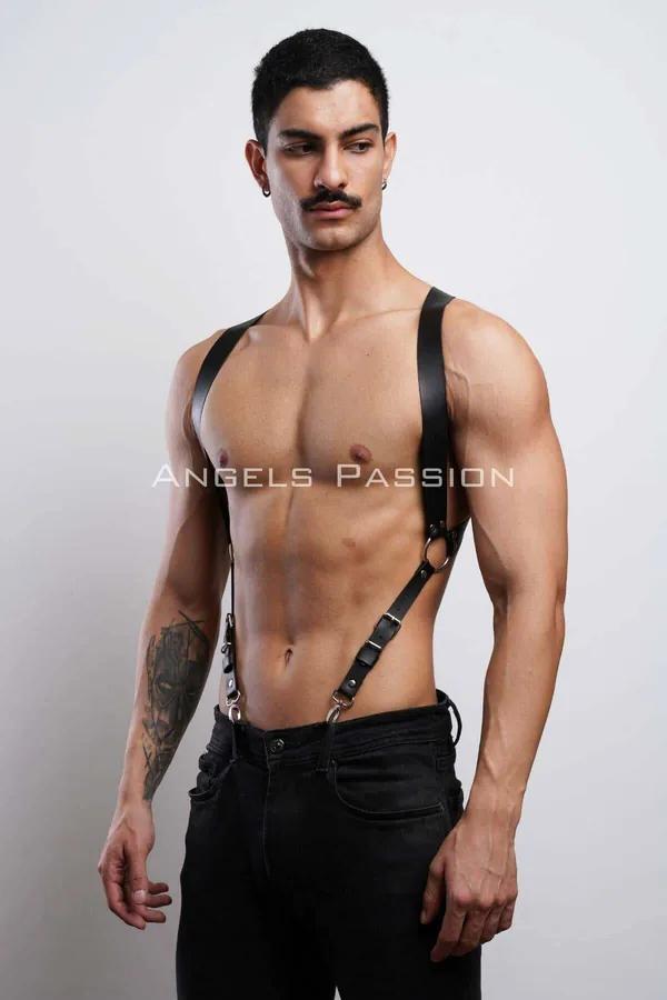 siyah vegan deri erkek göğüs harness ve pantolon kemer, gümüş metal tokalı, üst beden aksesuar