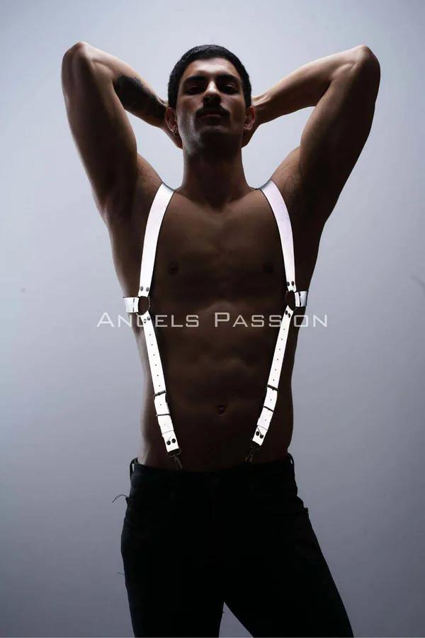 reflektörlü erkek göğüs harness gümüş-beyaz parlayan bantlar pantolon askısı metal klips clubwear