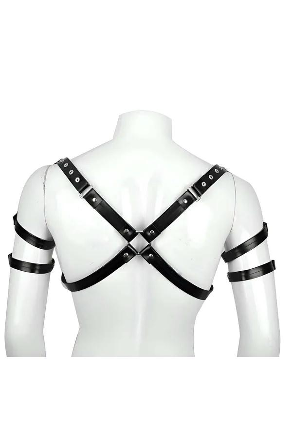 siyah vegan deri erkek harness omuz ve kol bantlı gümüş O-halka perçin detaylı club giyim