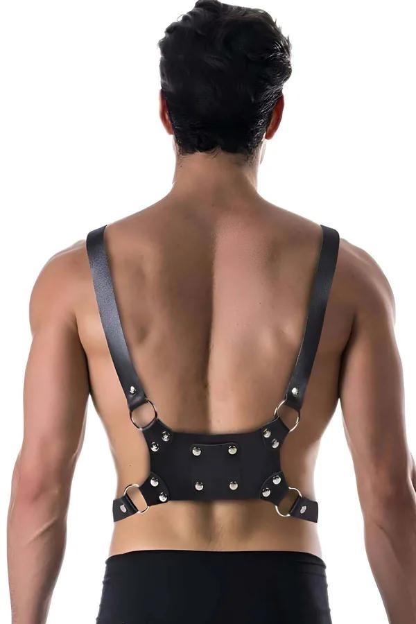 siyah vegan deri erkek harness gümüş dikdörtgen toka ve O-halka çapraz göğüs şerit tasarımı