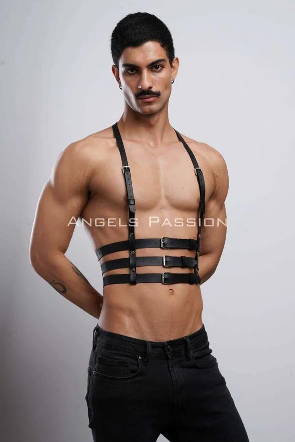 siyah vegan deri erkek harness üç yatay bel bandı ve gümüş toka detayı techno clubwear