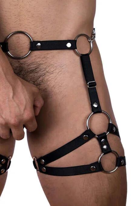 siyah elastik bantlı erkek fantazi jartiyer gümüş O-ring metal perçin uyluk aksesuarı