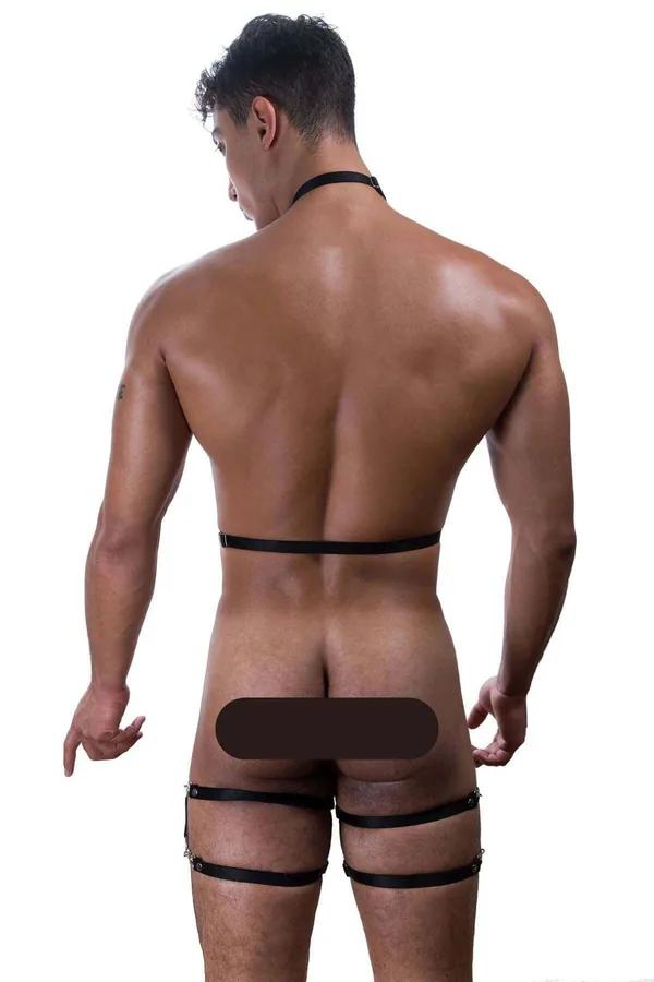 erkek siyah vegan deri body harness altın O-ring zincir yaka choker ve bacak bantlı tam vücut tasarım