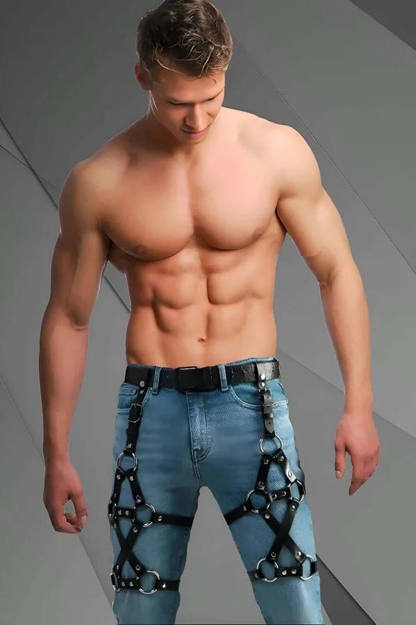 siyah vegan deri erkek bacak harness gümüş O-halkali metal perçinli kot üzerinde partywear aksesuar