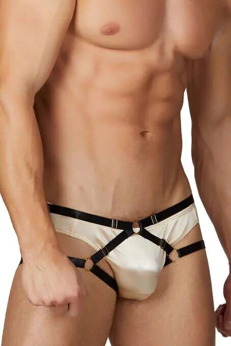 Erkek lastik harness slip krem saten gövde siyah X bantlar altın metal tokalar