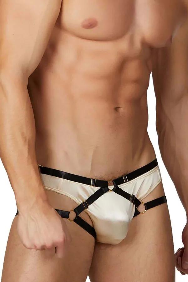 Erkek lastik harness slip krem saten gövde siyah X bantlar altın metal tokalar