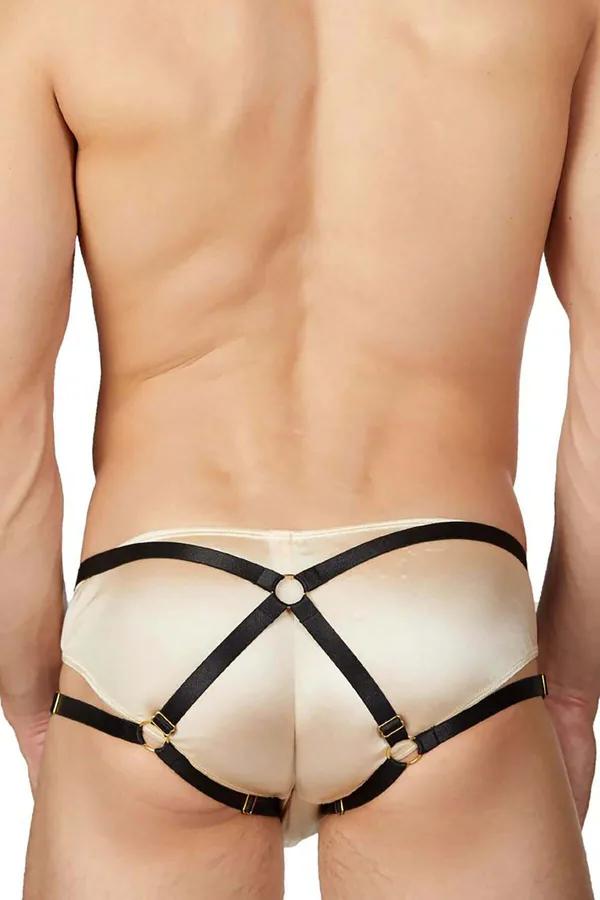 Erkek lastik harness slip krem saten gövde siyah X bantlar altın metal tokalar