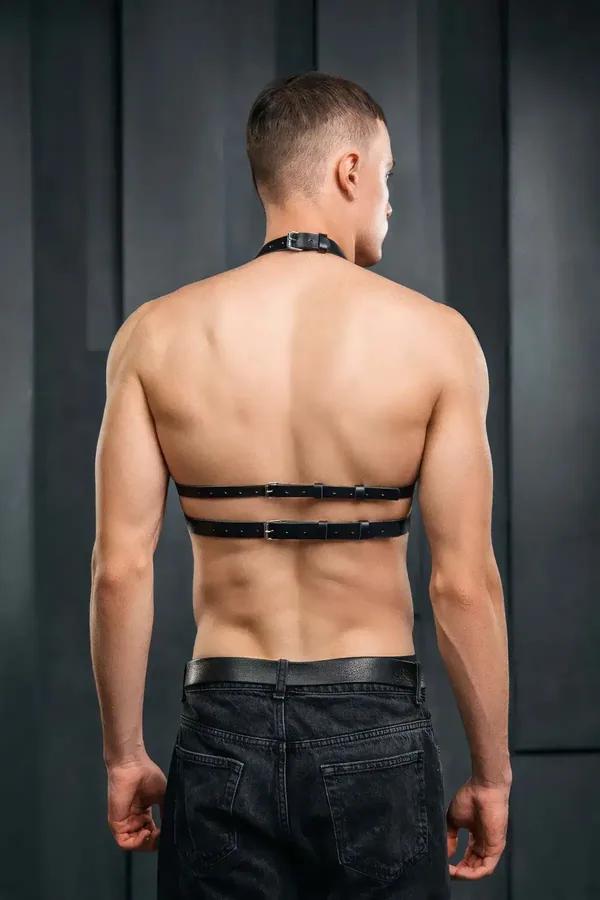 erkek siyah vegan deri göğüs harness gümüş O-halka ve D-halkalı boyun bandı Y-şekli şerit tasarımı