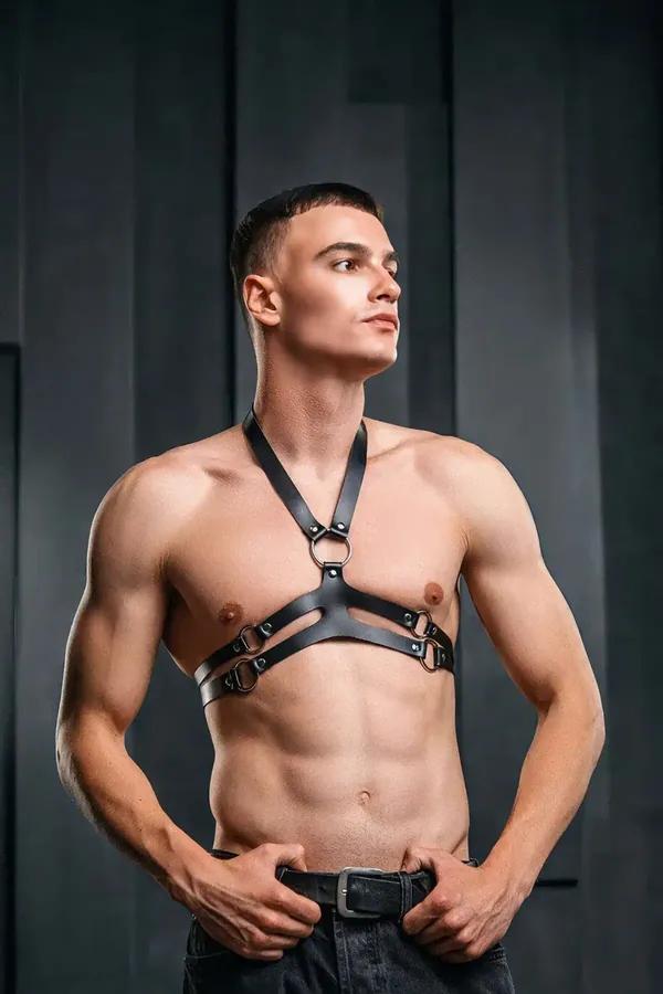 erkek siyah vegan deri göğüs harness gümüş O-halka ve D-halkalı boyun bandı Y-şekli şerit tasarımı