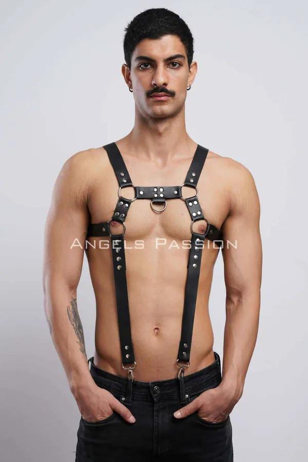 siyah vegan deri erkek göğüs harness gümüş O-ring ve D-ring pantolon askısı clubwear